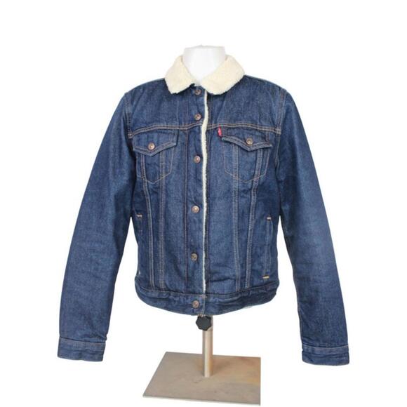 Levi’s Type III Sherpa Lined Trucker Jacket Woman’s Medium Blue Denim Snap Close - Picture 1 of 10